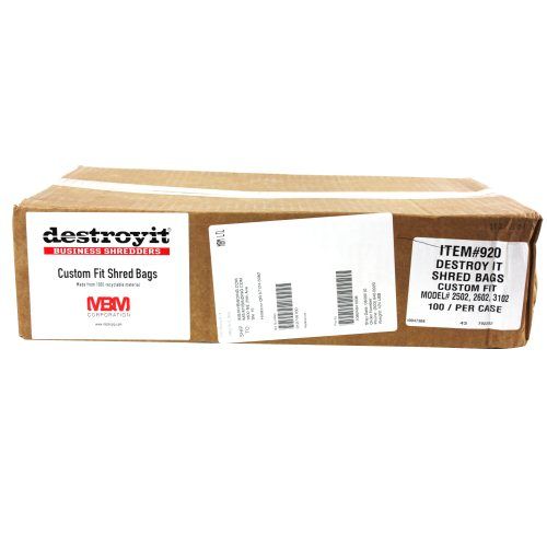 A box labeled "Destroyit 920 Bags" designed for use with shredder models 2502, 2503, 2602, 2603, 2604, 3102, and 3103.