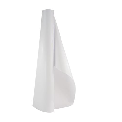 A roll of Interlam Pro Emerytex UV 5mil PS Laminating Film partially unrolled, showing its glossy and flexible texture.