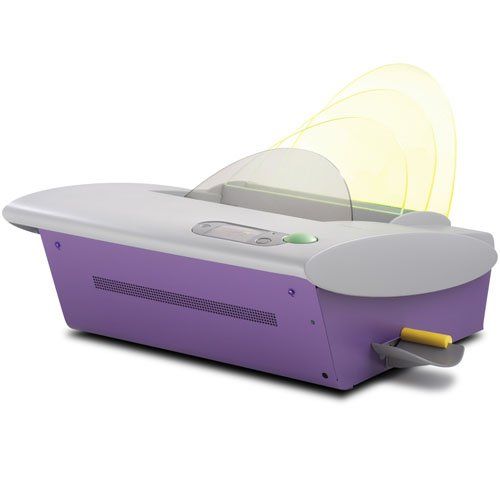 A Fastback 20 Strip/Tape Binding Machine in purple and gray, showcasing its sleek design with a translucent yellow cover, used for professional document binding.