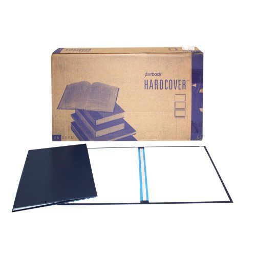 Fastback Dark Blue 8.5" x 11" Composition Hard Covers are shown alongside their packaging box, with one cover open to reveal the inner spine and binding area.
