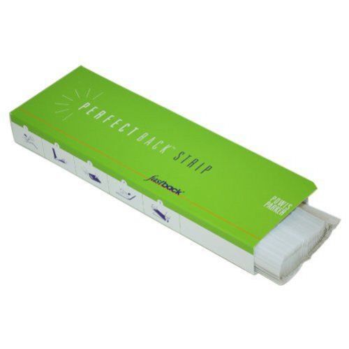 A green box labeled "Fastback Perfectback TA Strips" with white edges and instructional illustrations, partially open to reveal neatly stacked binding strips inside.