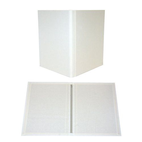 Fastback White 8.5" x 11" Composition Hard Covers shown in both a closed upright position and an open flat layout, highlighting their durable construction and smooth white finish.