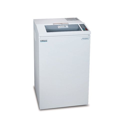 A white Formax OnSite FD 8402CC Cross-Cut Paper Shredder with a compact design and user-friendly control panel.