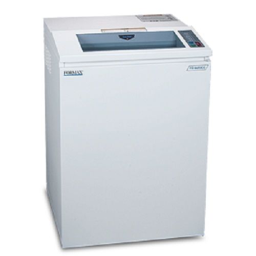 A Formax OnSite FD 8602cc Cross-Cut Paper Shredder, featuring a compact white design with a top-loading feed and digital control panel.