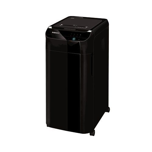 The Fellowes AutoMax 350C Auto Feed Level P-4 Cross-Cut Shredder, a sleek black office shredder with an auto-feed feature.