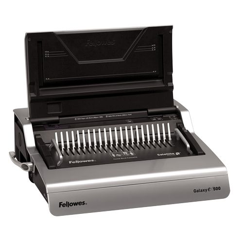 A Fellowes Galaxy E Electric Plastic Comb Binding Machine with an open top cover, revealing the comb binding mechanism.