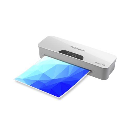 Shows a Fellowes Halo 95 9.5" Pouch Laminator in use, laminating a sheet with a blue geometric design.