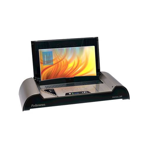 A Fellowes Helios 60 Thermal Binding Machine with a document being bound in the machine.