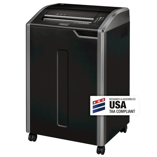 The Fellowes Powershred 485i Jam Proof Strip-Cut Shredder, a durable, TAA-compliant office shredder designed for high-volume paper shredding.
