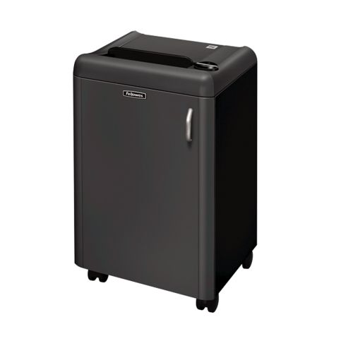 A sleek black Fellowes Powershred HS-440 High Security Paper Shredder with a compact design and sturdy wheels for easy mobility.