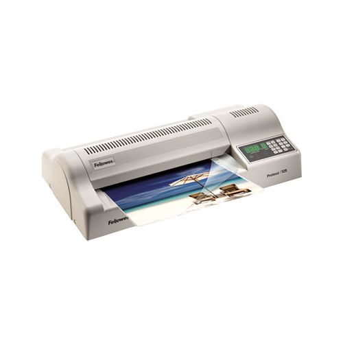 A Fellowes Proteus 125 Pouch Laminator, featuring a digital display and control panel designed for high-volume laminating tasks.
