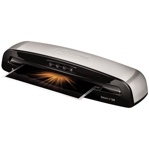 A Fellowes Callisto 95 Pouch Laminator processing a document with a sleek silver and black design.