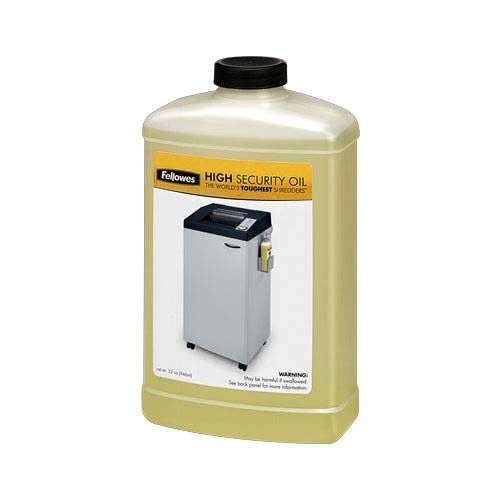 A 32oz bottle of Fellowes Shredder Oil for High Security Models, designed to maintain optimal performance of high-security shredders.