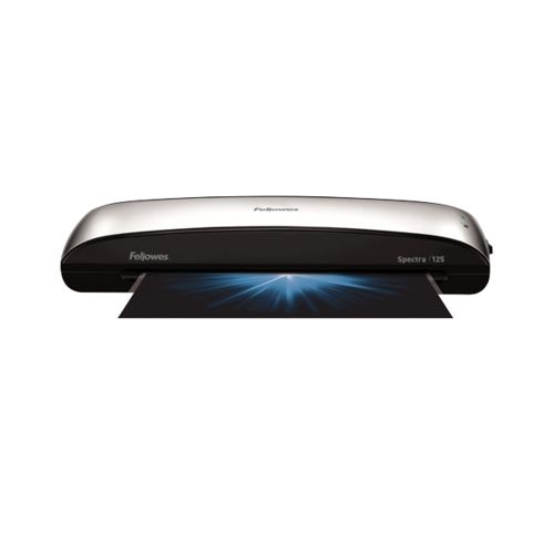 A Fellowes Spectra 125 12.5" Pouch Laminator with a sleek silver and black design.