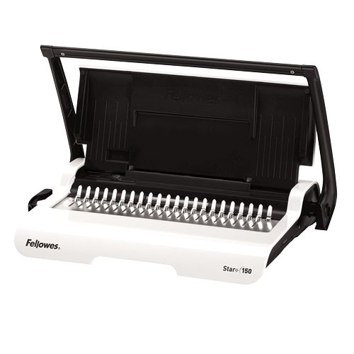 Fellowes Star+ 150 Manual Comb Binding Machine with an open punch tray and comb mechanism ready for binding documents.