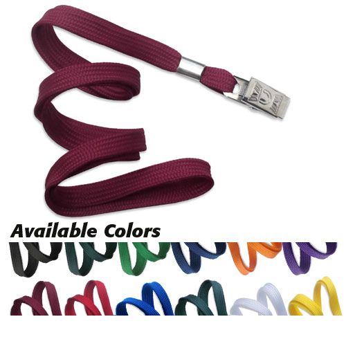 Flat Braid Lanyard with Bulldog Clip in maroon, coiled neatly with a metallic clip attached, displayed alongside a variety of color options including black, green, blue, orange, purple, white, and yellow.