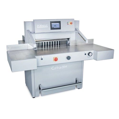 A Formax Cut-True 31H 28" Hydraulic Guillotine Cutter, showing its stainless steel surface, digital display, and cutting blades.
