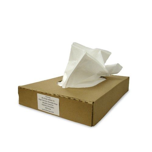 Cardboard box containing Formax Shredder Baler Bags for FD 8906B and 8904B, with one bag partially pulled out.