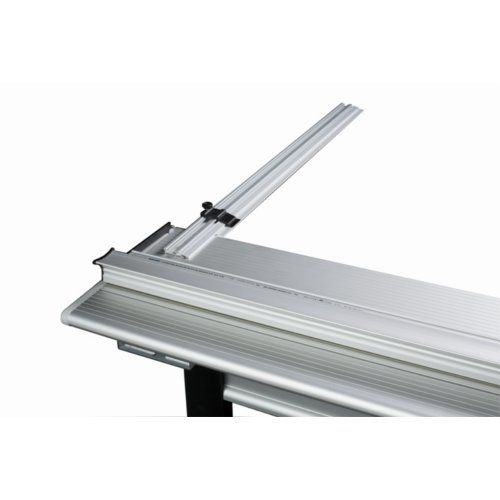 The Keencut 36" Extended Measuring Arm for Sabre Series 2 is shown mounted on a cutting table, featuring a sleek aluminum design with a precision measurement guide and a black adjustment knob.