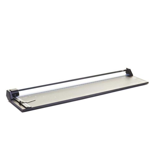 A RotaTrim 50" MonoRail Rotary Cutter, a precision cutting tool with a long cutting rail and measurement grid on the base, designed for accurate trimming of paper and other materials.