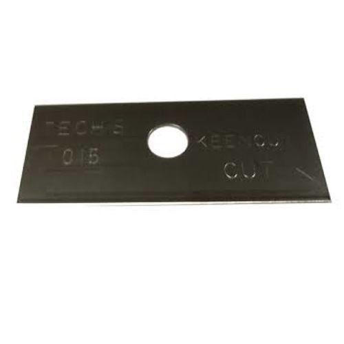 A close-up image of a Keencut Tech S .012 Blade with a central hole and engraved markings.