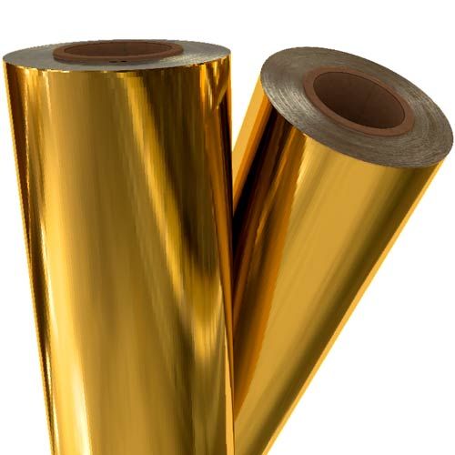 Two rolls of Gold Metallic 12" x 500' Laminating / Toner Fusing Foil with a reflective, glossy finish.