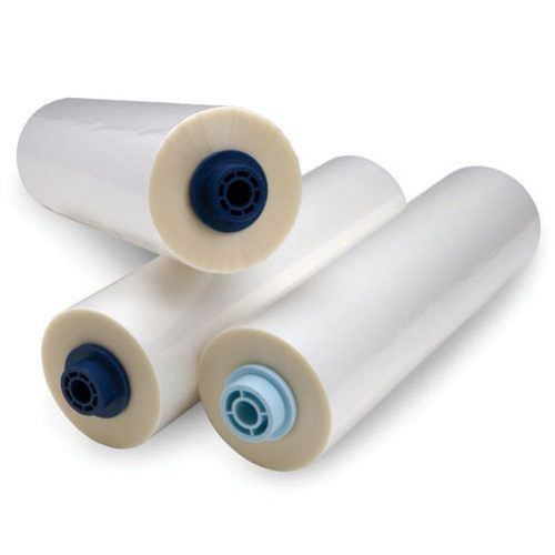 Three rolls of 5 Mil Clear Gloss 11.5" x 100' GBC EZ Load Film for Sprint H950 EZ Load Laminator, showing the blue and black cores designed for easy loading.