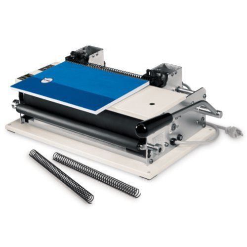 GBC CI12 Electric Coil Inserter, a machine designed for efficiently inserting coils into bound documents, with a blue cover being processed.
