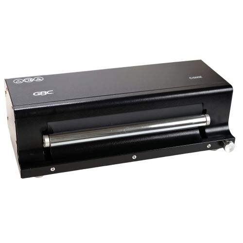 A GBC® Ci500E Electric Coil Inserter, a sleek black machine with a large silver roller.