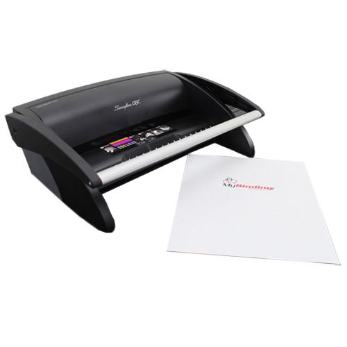 A GBC / Swingline CombBind C12 Comb Binding Machine, featuring its sleek black design and a stack of paper ready for binding.