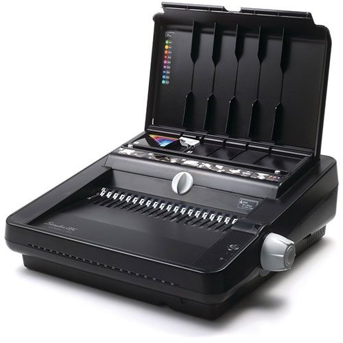 A GBC / Swingline CombBind C450E Electric Comb Binding Machine with an open lid, showing the binding combs and control panel.