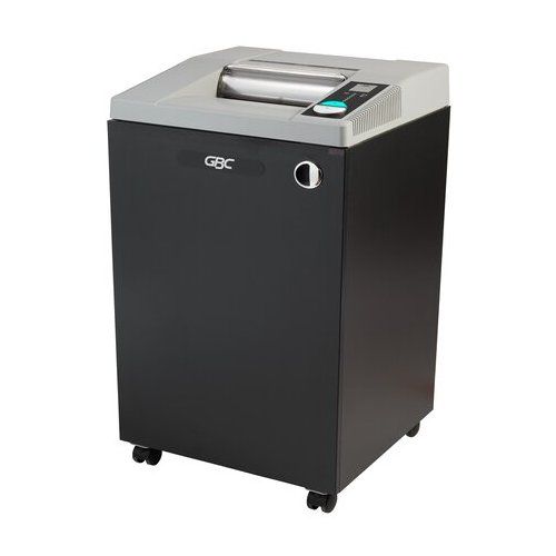 A GBC CX22-44 TAA Compliant 22-Sheet Level P-3 Cross-Cut Commercial Shredder with a sleek black and gray design on casters for office use.