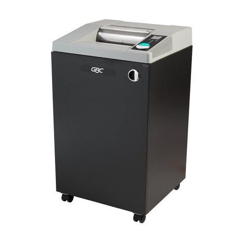 The GBC CX30-55 TAA Compliant 30-Sheet Level P-3 Cross-Cut Commercial Shredder, featuring a sleek black and gray design on caster wheels for mobility.