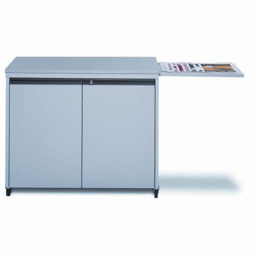 A GBC Locking Laminator Cabinet with a pull-out shelf displaying various laminated materials.