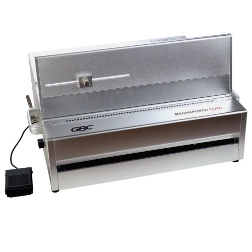 A GBC MagnaPunch Elite Electric Punch Machine, a silver machine, is angled on a white background with its foot pedal visible.