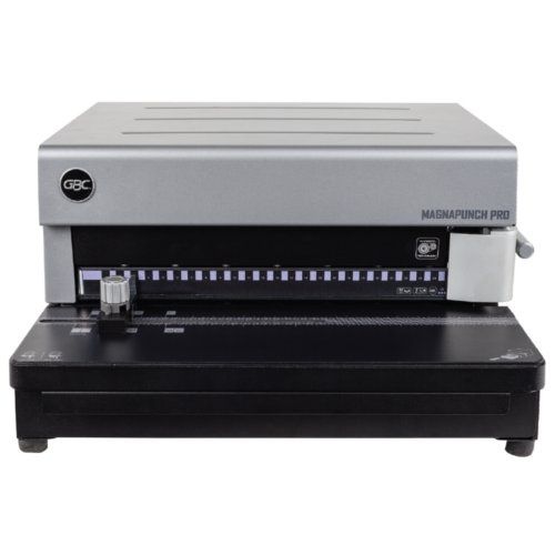 A front view of the GBC Magnapunch Pro Interchangeable Die Binding Punch, showcasing its control panel and punch lever.