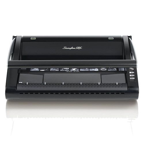 Front view of the GBC / Swingline P110 Manual Proclick Binding Machine, showcasing its sleek black design and control panel.