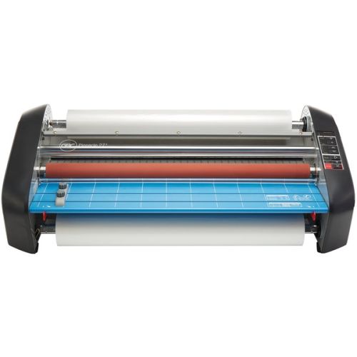 A GBC Pinnacle 27 Standard 27" School Thermal Roll Laminator, featuring a sleek design with dual rollers and a blue cutting mat surface.