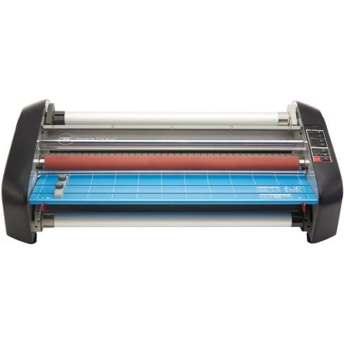 Front view of the GBC Pinnacle 27 EZ Load 27" School Thermal Roll Laminator with a blue cutting mat and roller system.