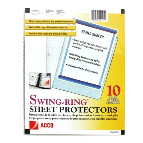 Packaging for GBC Swing-Ring Sheet Protectors, displaying clear, anti-glare refill sheets that fit standard 3-ring and Swing-Ring binders, holding up to 20 documents.