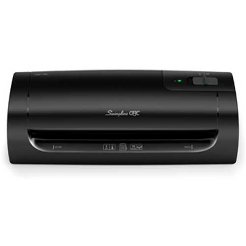 A black GBC Swingline Fusion 1000L 9" Laminator, featuring a sleek design with a paper entry slot and control buttons on the top.