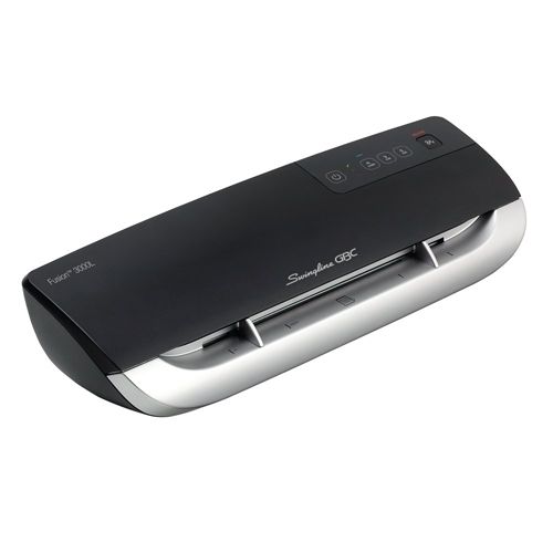 The GBC Swingline Fusion 3000L 9" Pouch Laminator, featuring a sleek black and silver design with user-friendly controls on top.