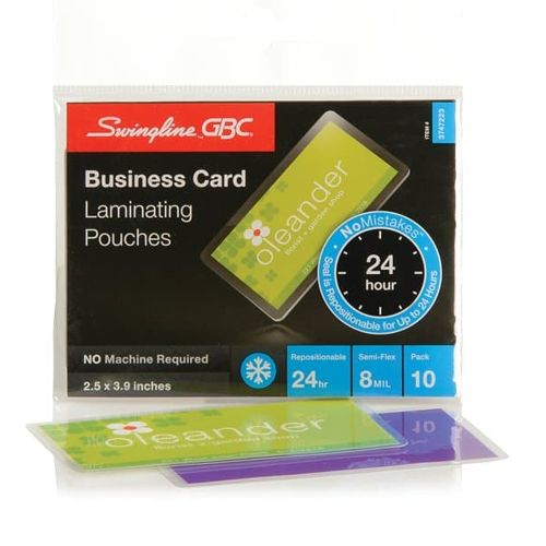 GBC Swingline SelfSeal NoMistakes Business Card Size Cold Pouches packaging is shown, featuring a 10-pack of 2.5 x 3.9-inch laminating pouches with a green business card example.