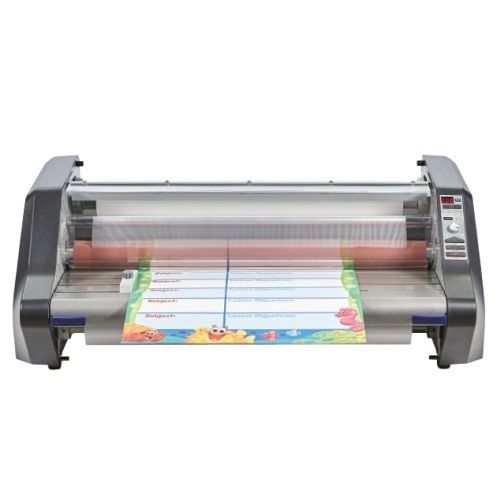 A GBC Ultima 65 EZload 27 Inch School Roll Laminator in use, laminating a colorful sheet of paper.