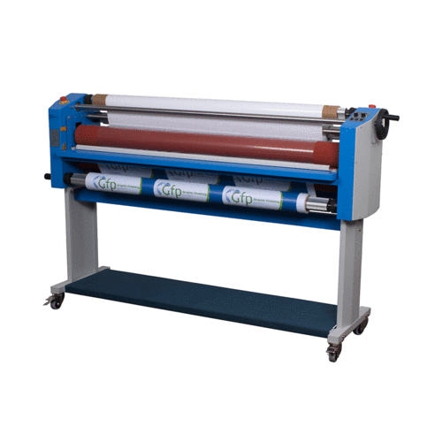 Shows a GFP 355TH 55" Top Heat Wide Format Laminator with rollers and a sturdy blue and white frame designed for laminating large materials.