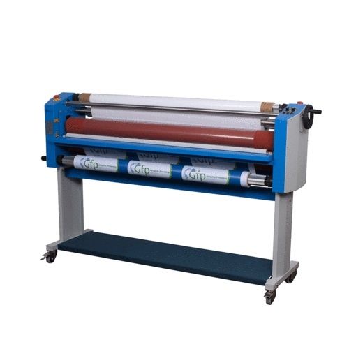A GFP 363TH 63" Top Heat Wide Format Roll Laminator featuring a sturdy blue frame with multiple rollers for laminating wide format materials.