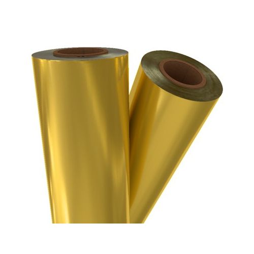 Two rolls of 12" x 100' Matte Metallic Laminating Foil in a reflective gold finish, displayed against a plain background.