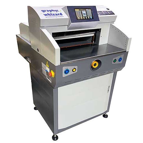 Graphic Whizard FL 490Z 19.3" Programmable Electric Paper Cutter with safety features and digital display for precise cutting operations.
