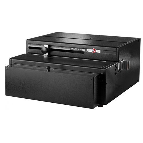 Rhin-O-Tuff HD6500 Onyx Heavy Duty Punch machine in a black, industrial design with a front drawer and adjustable punching mechanism.