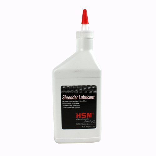 Bottle of HSM 314P Shredder Oil designed for lubricating shredder blades and extending shredder lifespan.